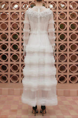 White Frill Round Neck Midi Dress