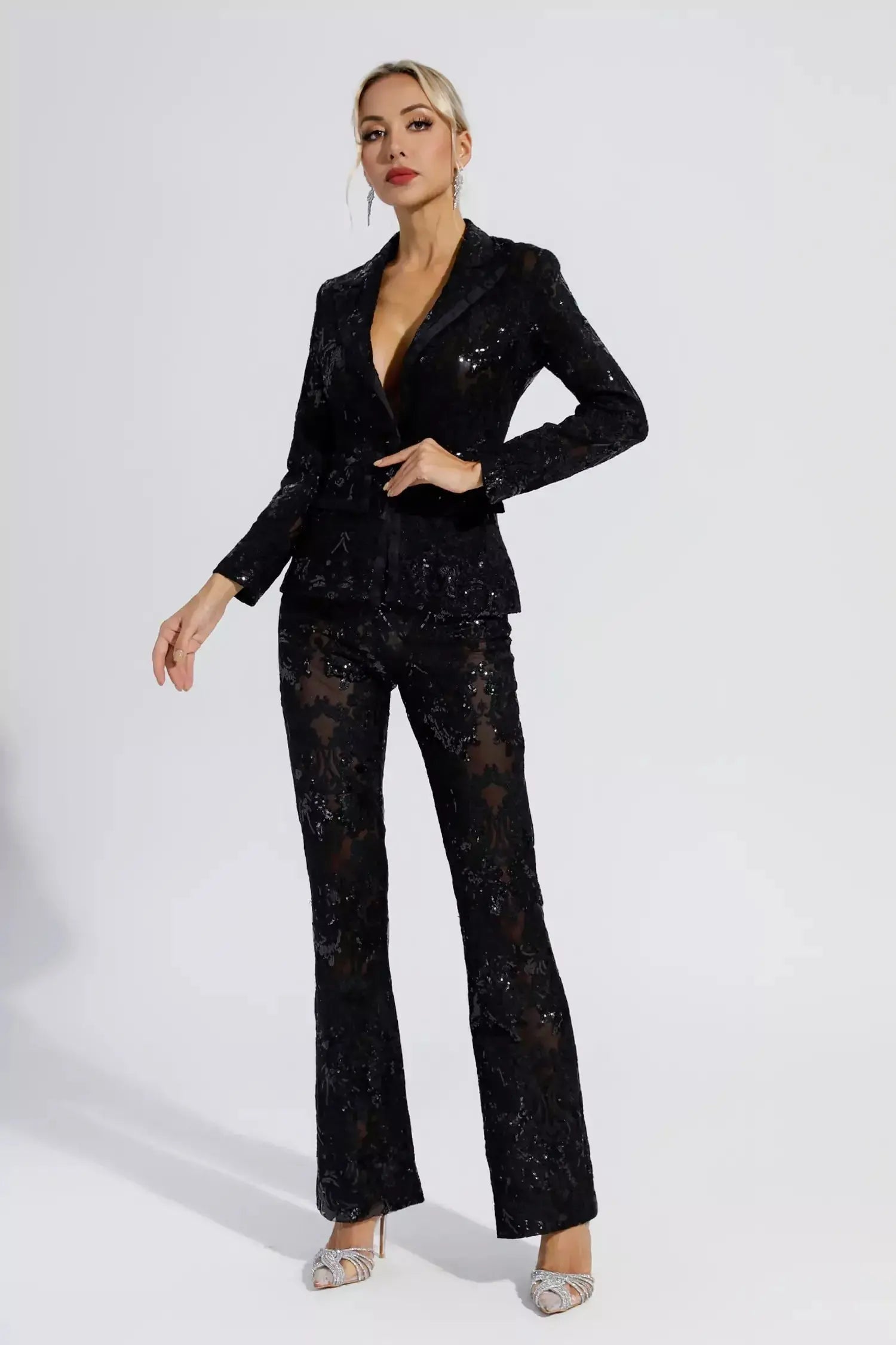 Black Cutout Floral Embroidered Sequin Blazer Set
