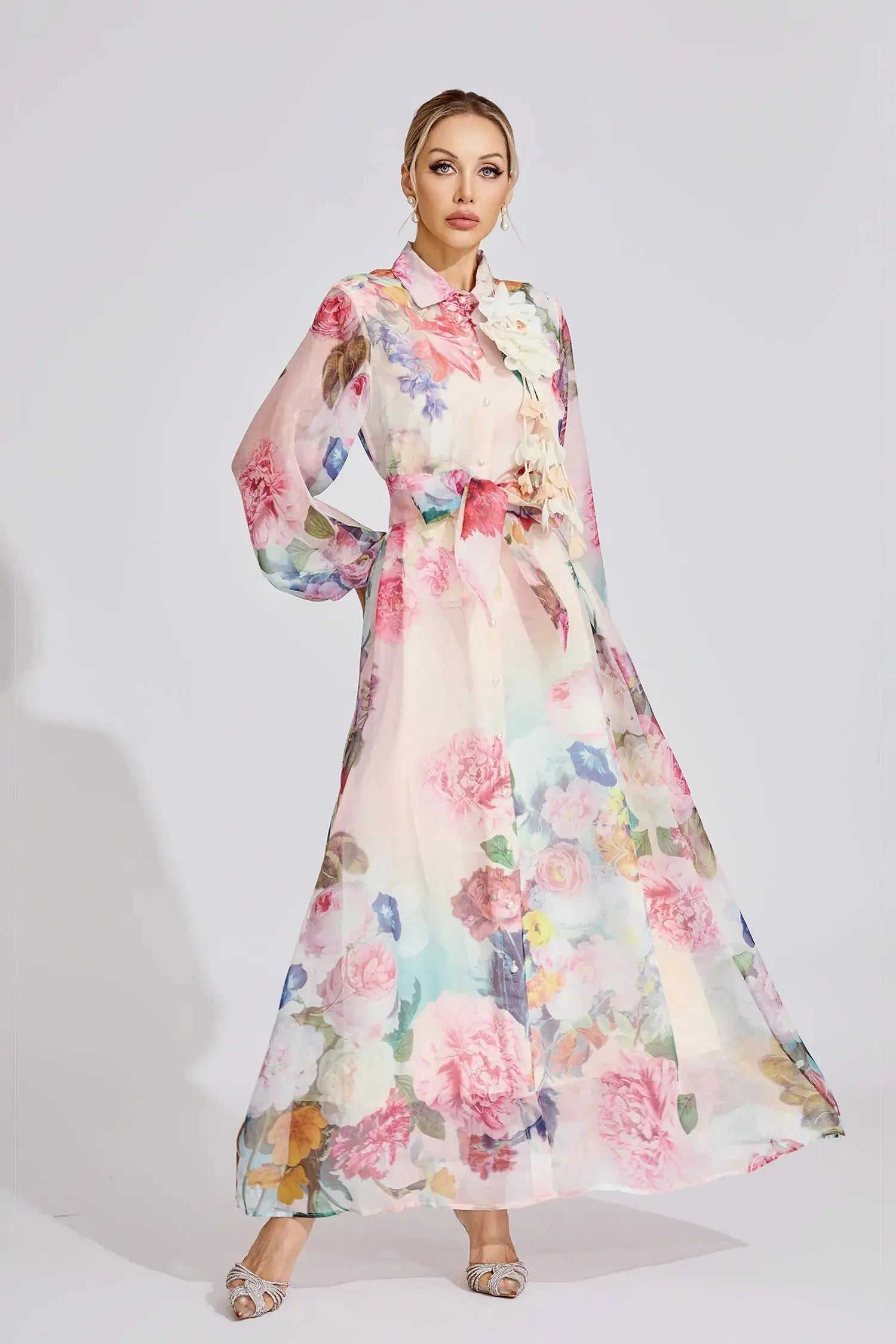 Pink Floral Printed Lantern Sleeve Maxi Dress
