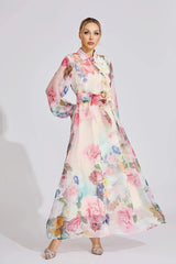 Pink Floral Printed Lantern Sleeve Maxi Dress