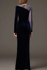 Crystal Patchwork Column Maxi Dress in dark blue