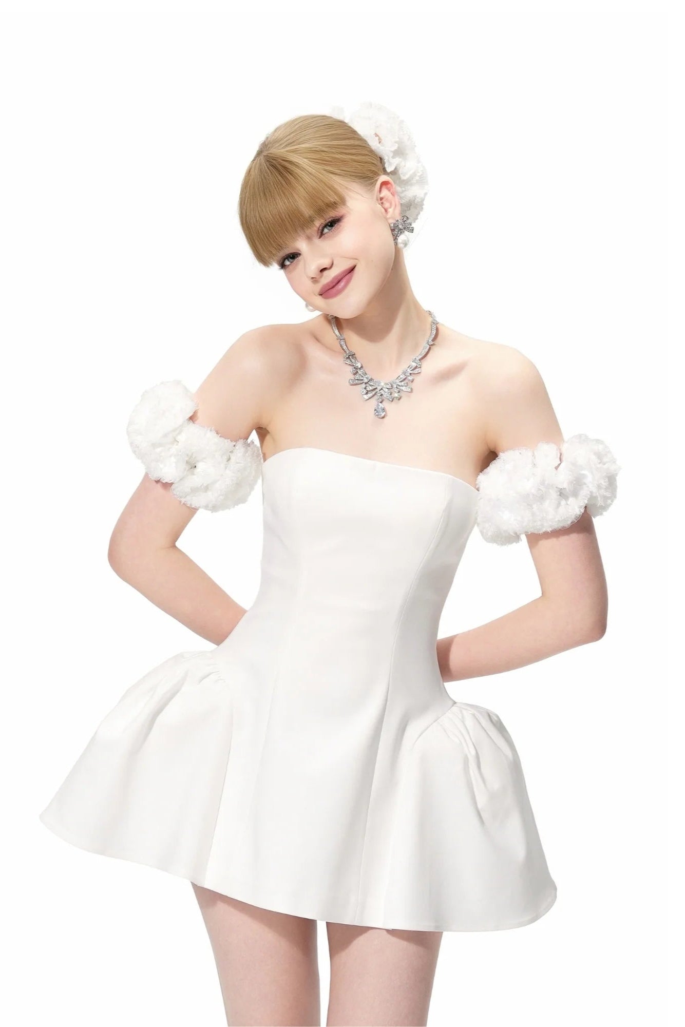 Flower Puffy Mini Dress in White