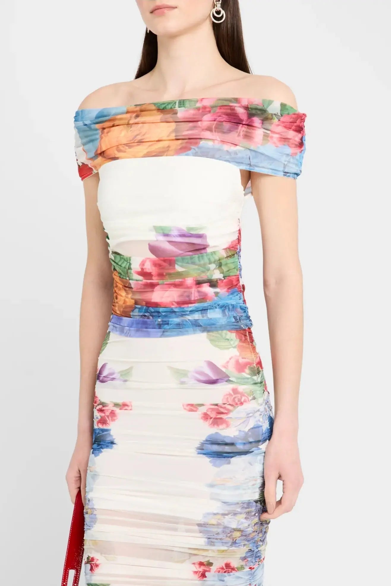 White Off-Shoulder Floral Print Ruched Top Skirt Set