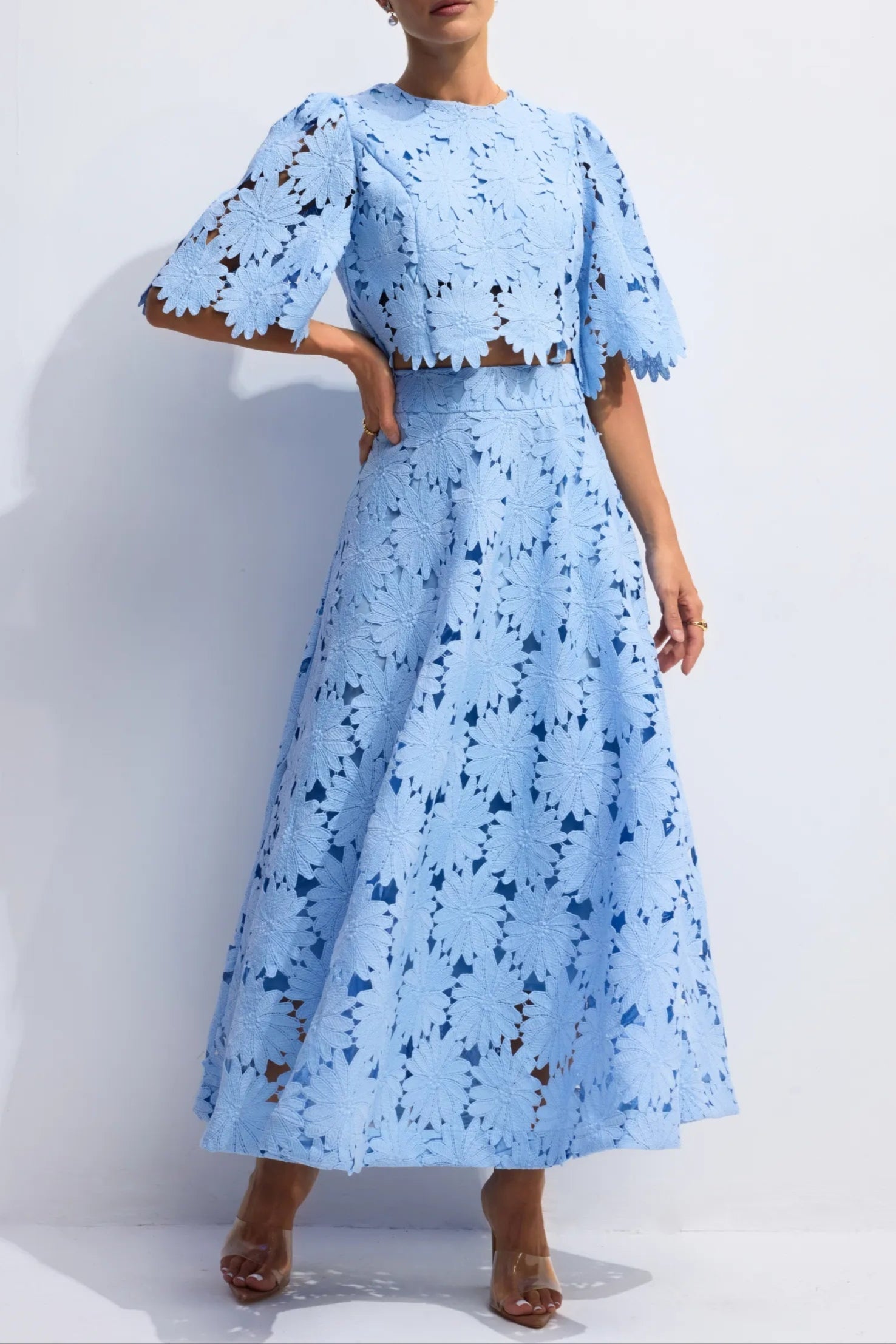 Lace Embroidered Top & Maxi Skirt Two-Piece Set in Blue
