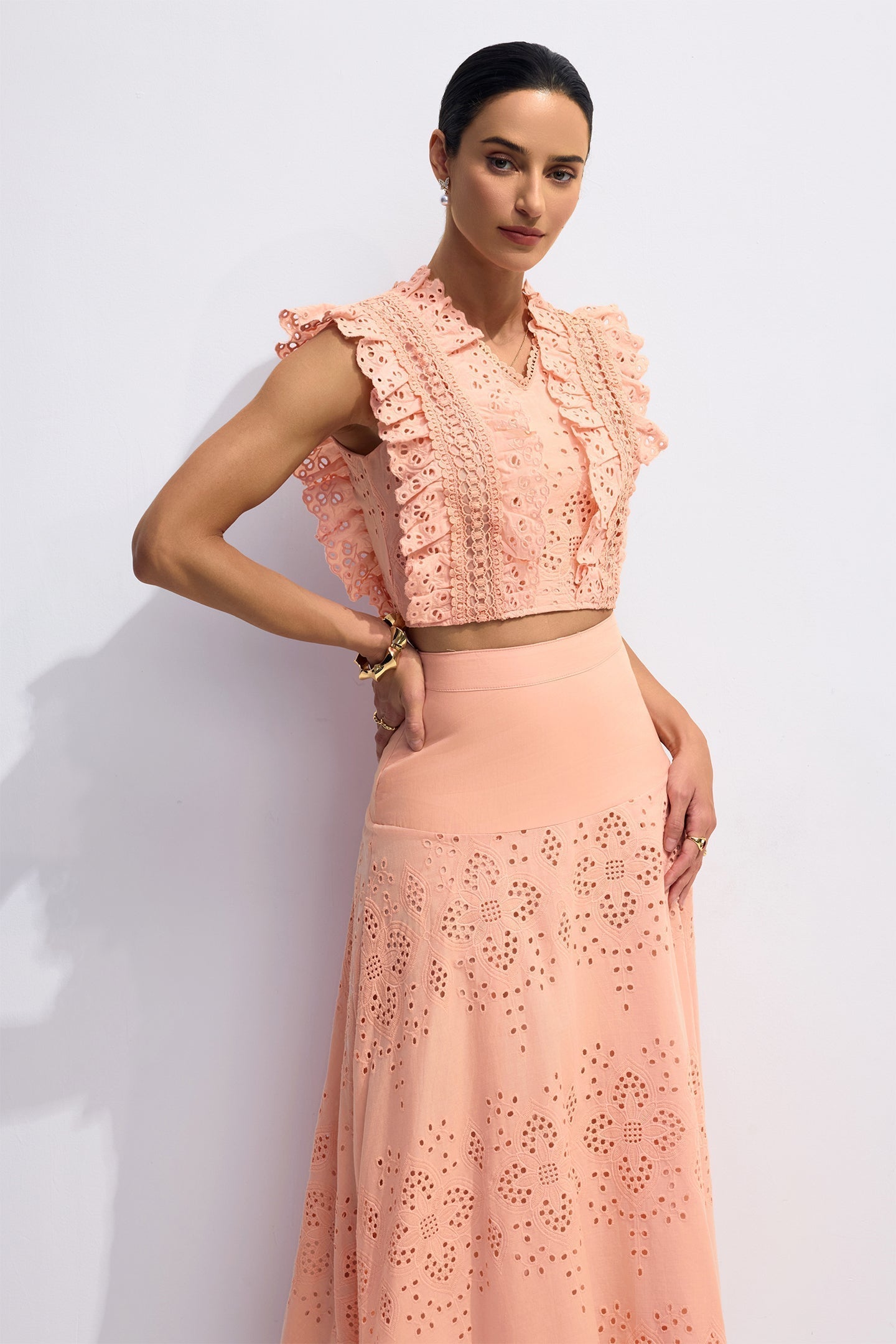 V-Neck Embroidery Crop Top & Skirt Set in Orange