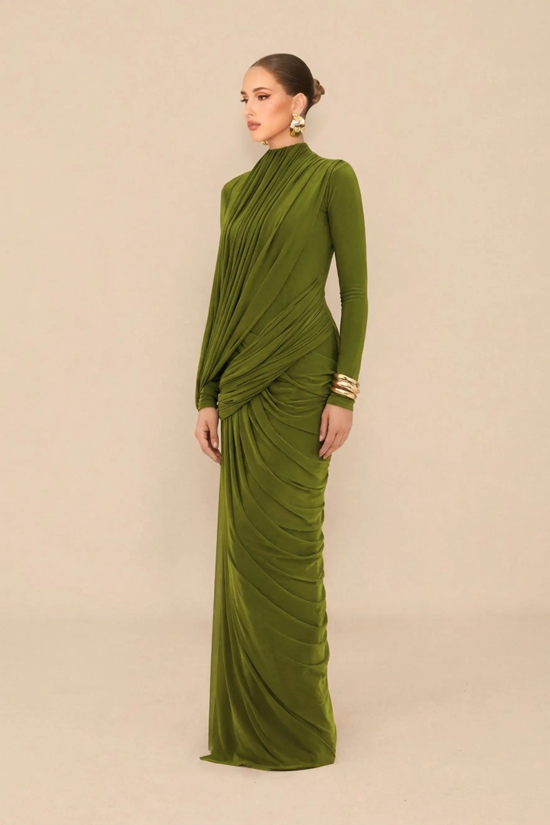 High Neck Drape Ruched Maxi Dress in Green