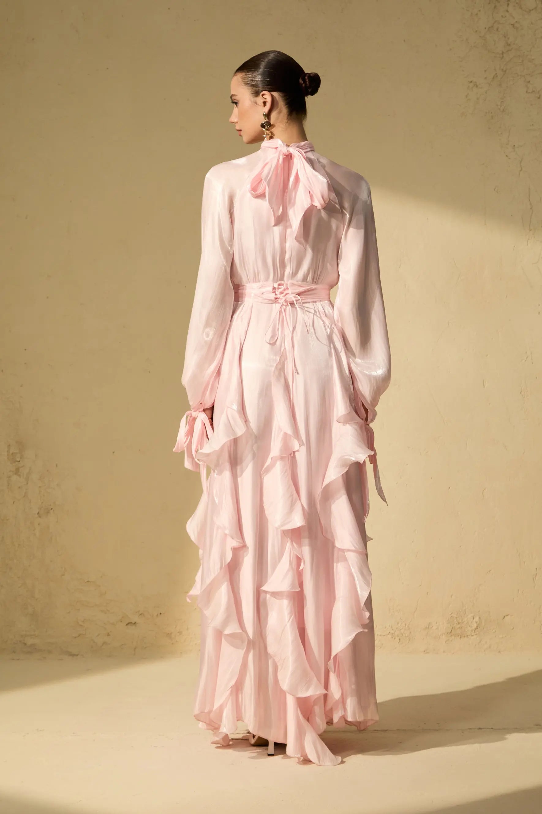 Puff Sleeve Ruffle Trim Maxi Dress in Pink