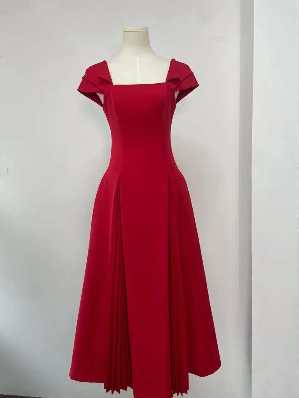 Sequin Red Pleated-Detail Midi Dress