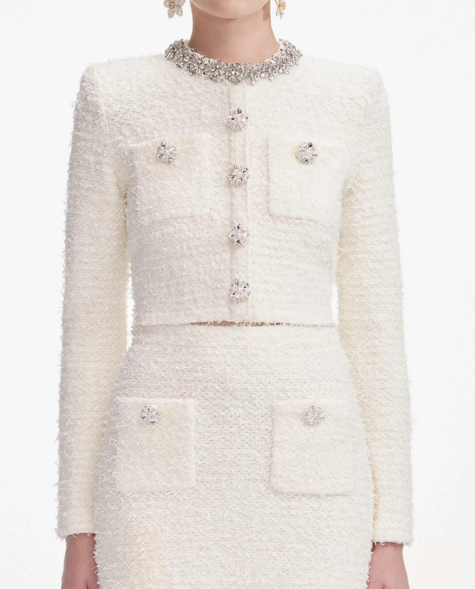 Diamond-Embellished Cardigan Skirt Set in White