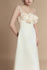 3D Floral Strap White Midi Dress