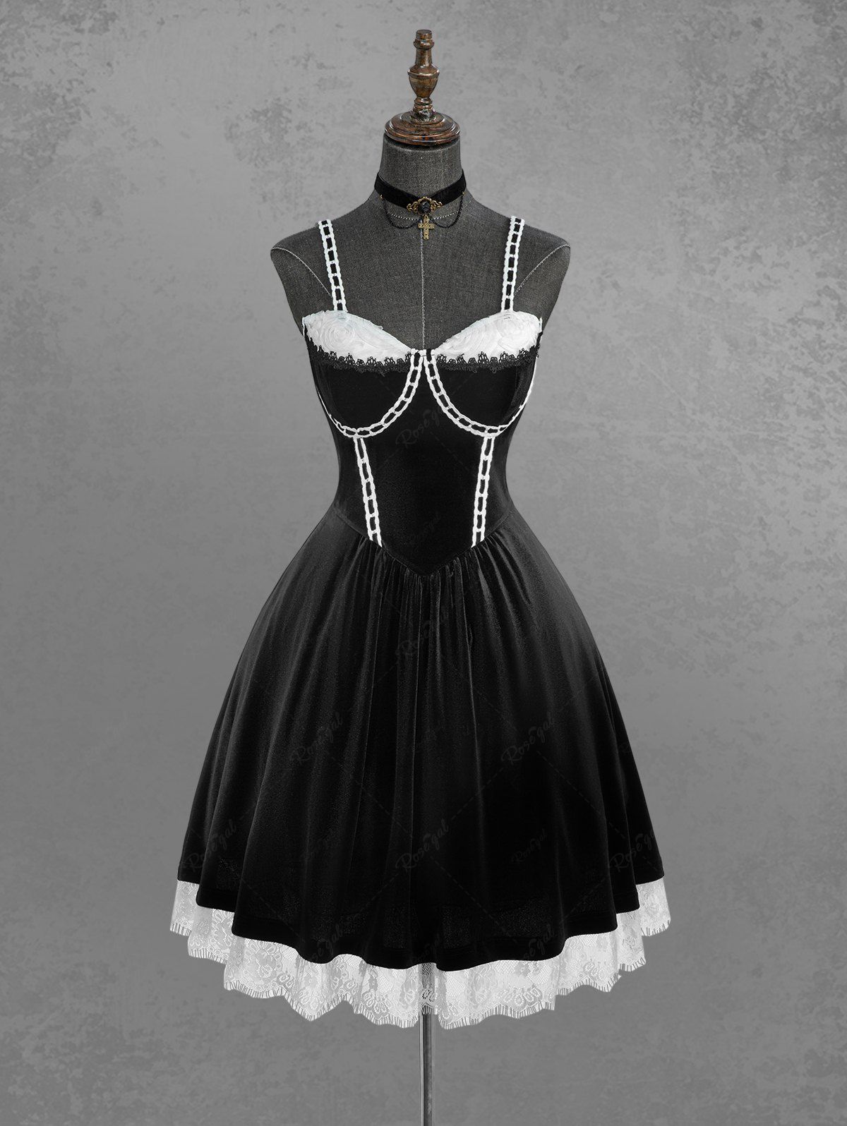 Flower Mesh Lace Trim Contrast Piping A Line Dress