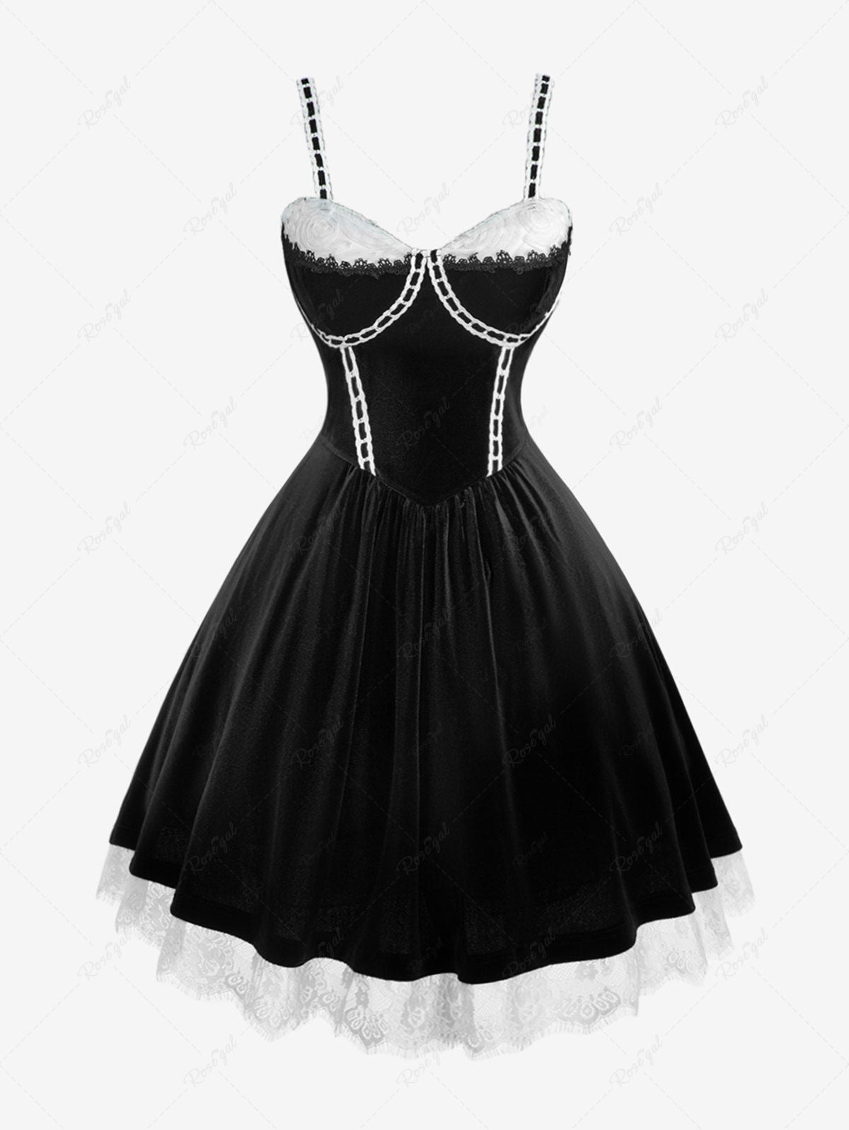 Flower Mesh Lace Trim Contrast Piping A Line Dress