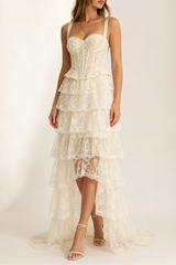 Wide Strap Lace Corset Peplum Top & High Low Lace Skirt Set