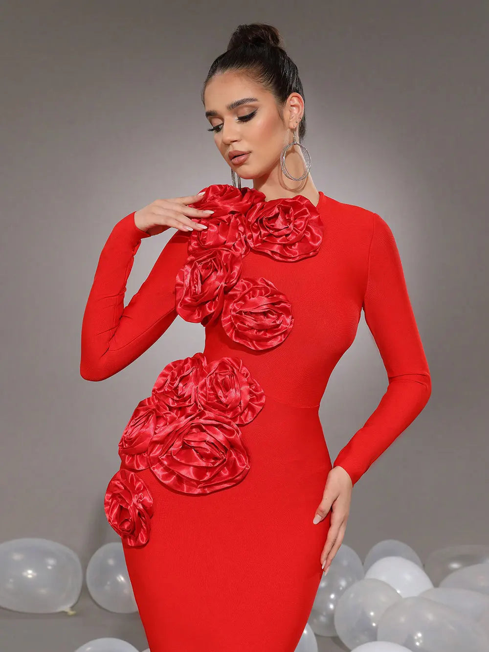 3D Flower Bandage Maxi Dress in Red