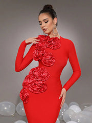 3D Flower Bandage Maxi Dress in Red