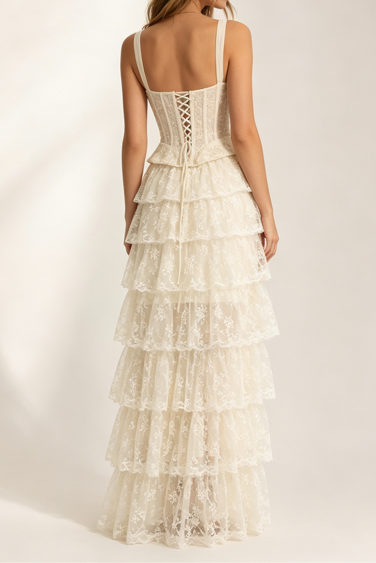 Wide Strap Lace Corset Peplum Top & High Low Lace Skirt Set