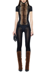 Furry Embellished Turtleneck Bodysuit in Black