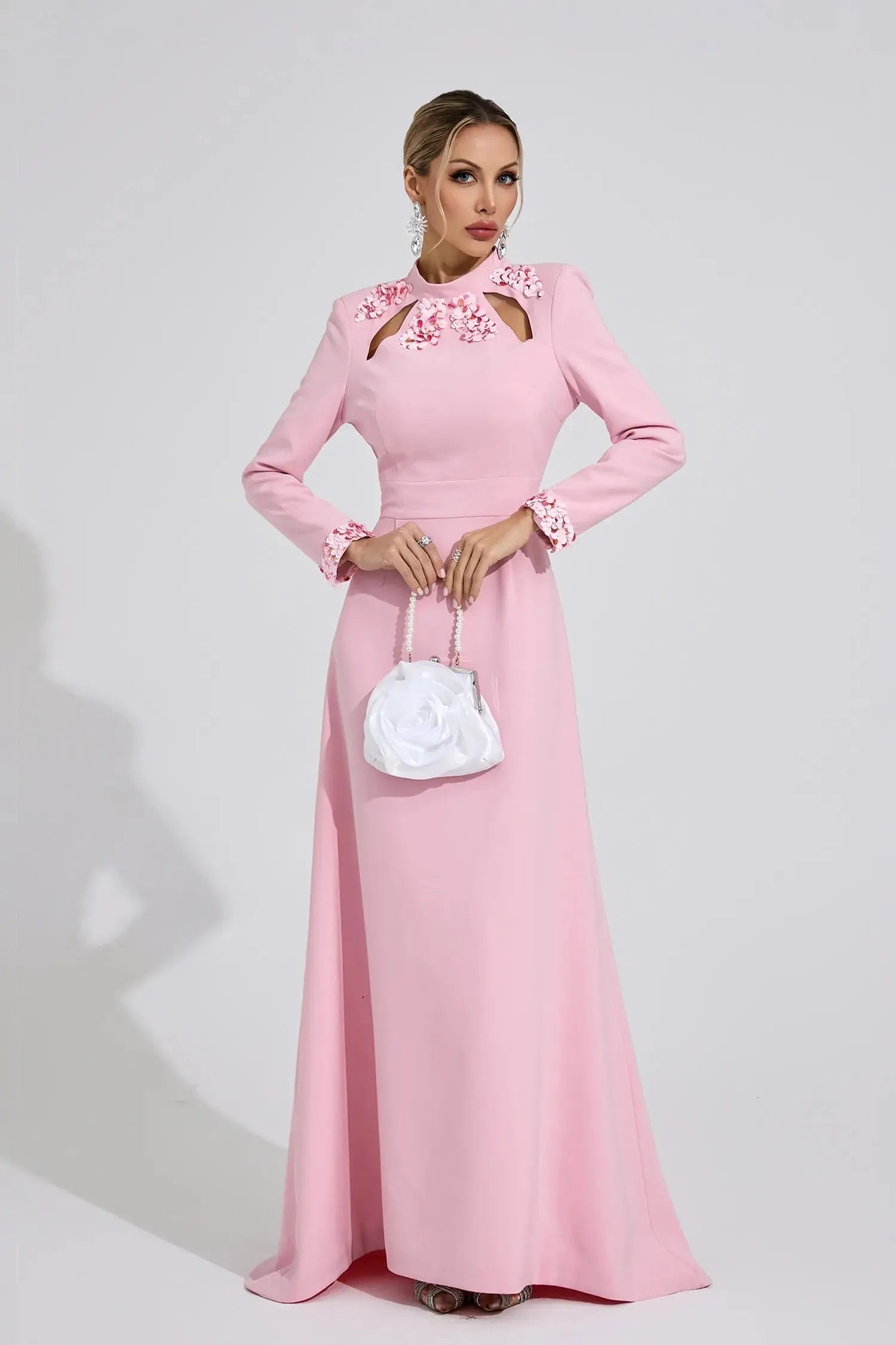 Light Pink Rhinestone Cutout Maxi Dress