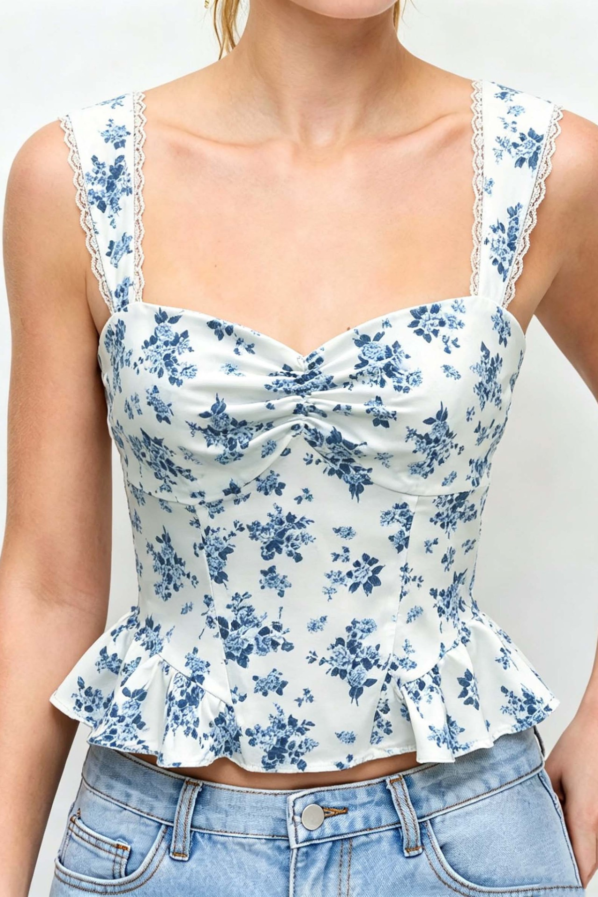 Blue Floral Lace Strap Twist Bust Peplum Corset Cami Top