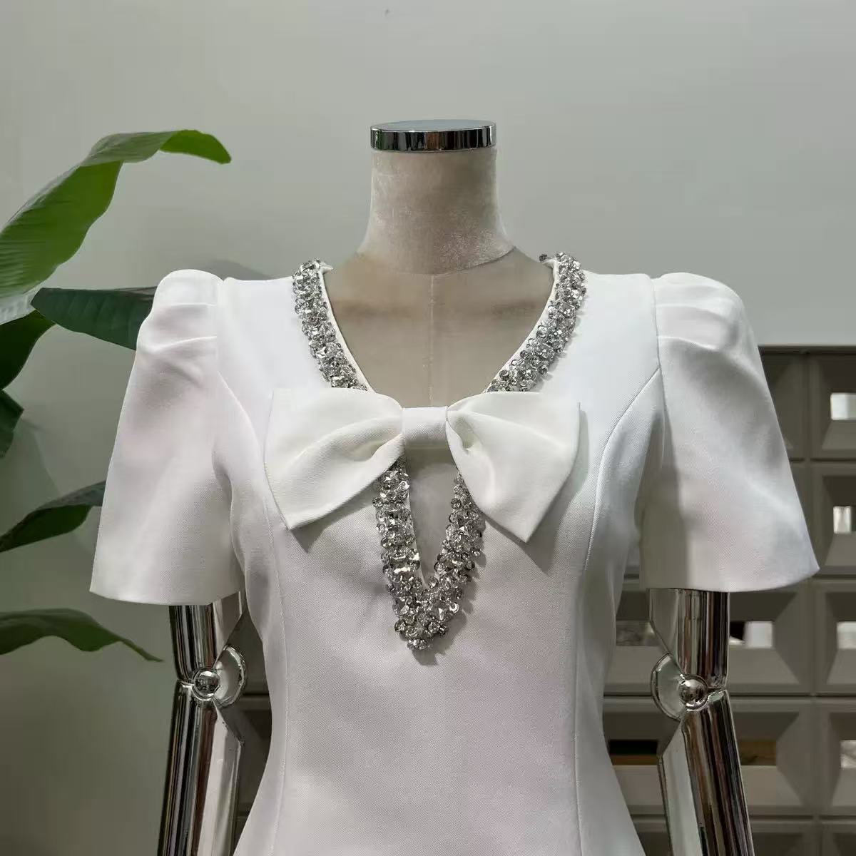 V-Neck Diamond Chain Mini Dress in Ivory
