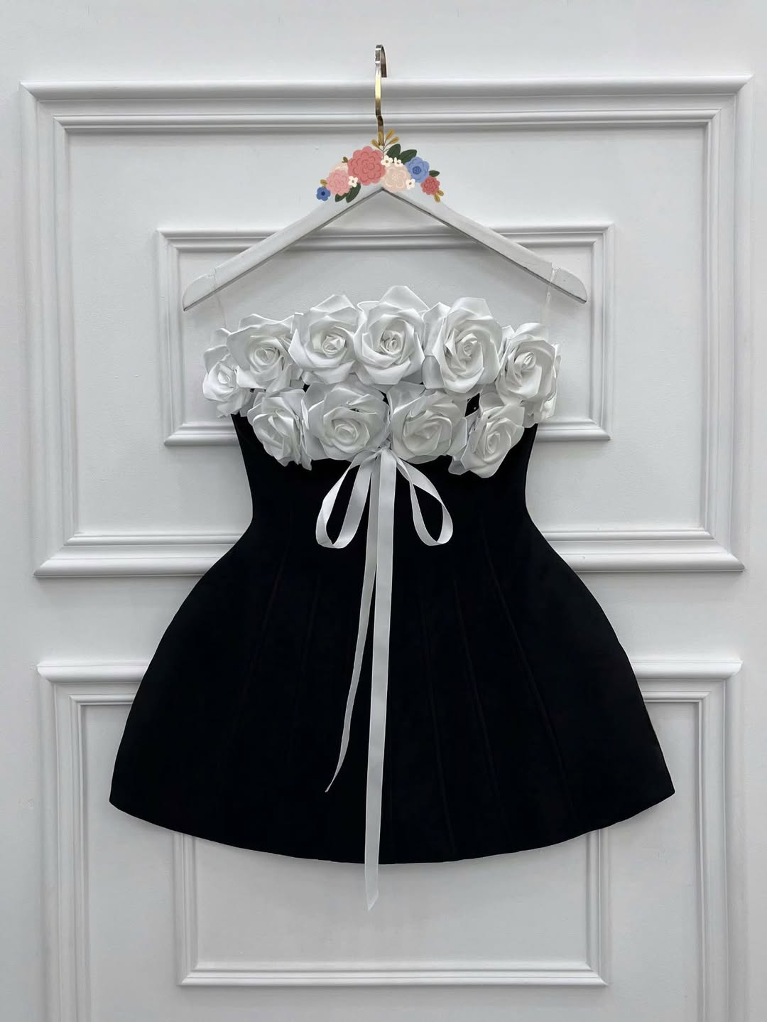 3D Floral Corset A-Line Dress in Black