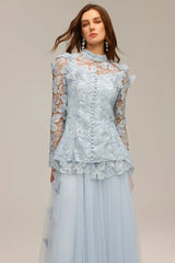 Blue Long Sleeve Folds Lace Top And Skirt Two-Piece Set