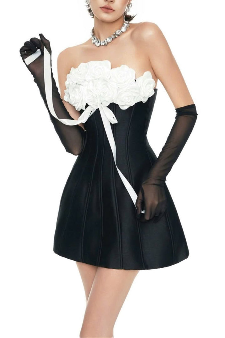 3D Floral Corset A-Line Dress in Black