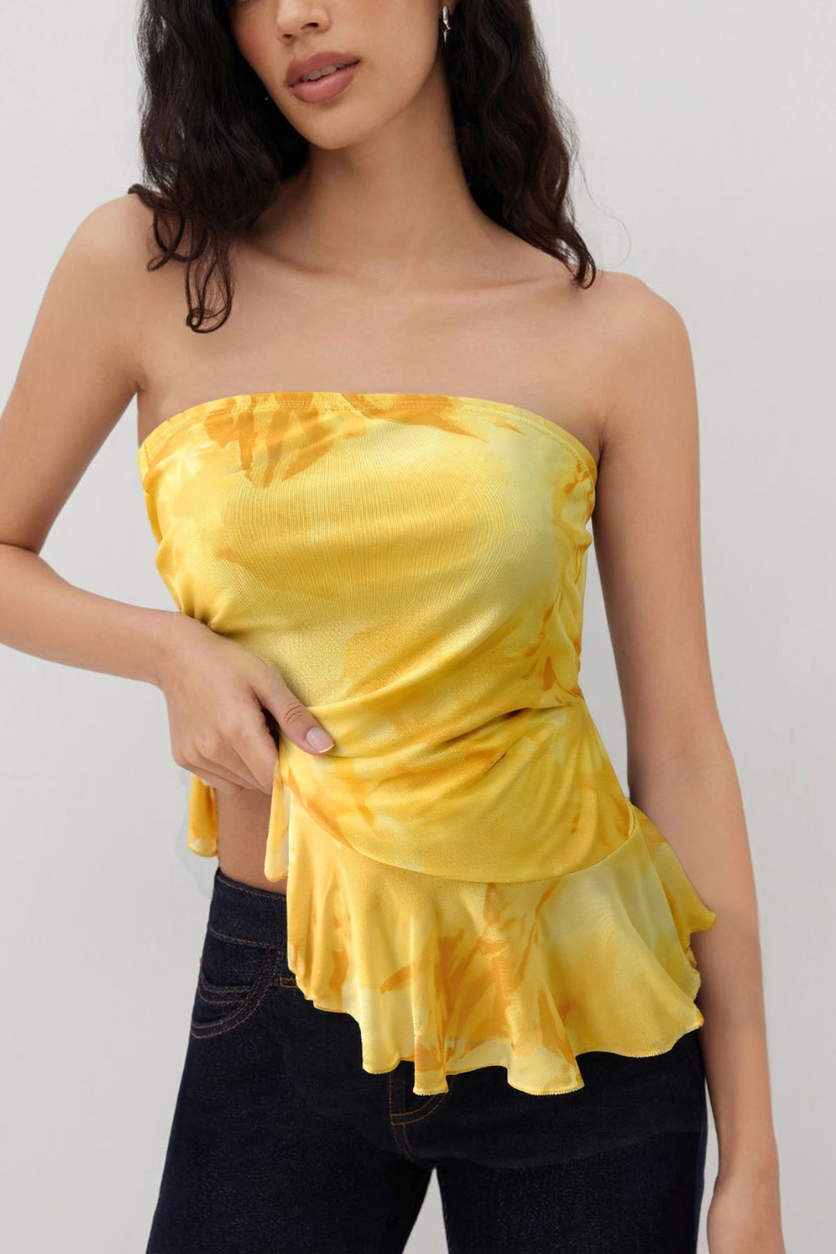 Yellow Watercolor Floral Ruched Side Ruffle Hem Top