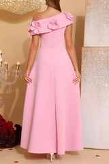 Flower Slanted Collar Maxi Dress in Pink