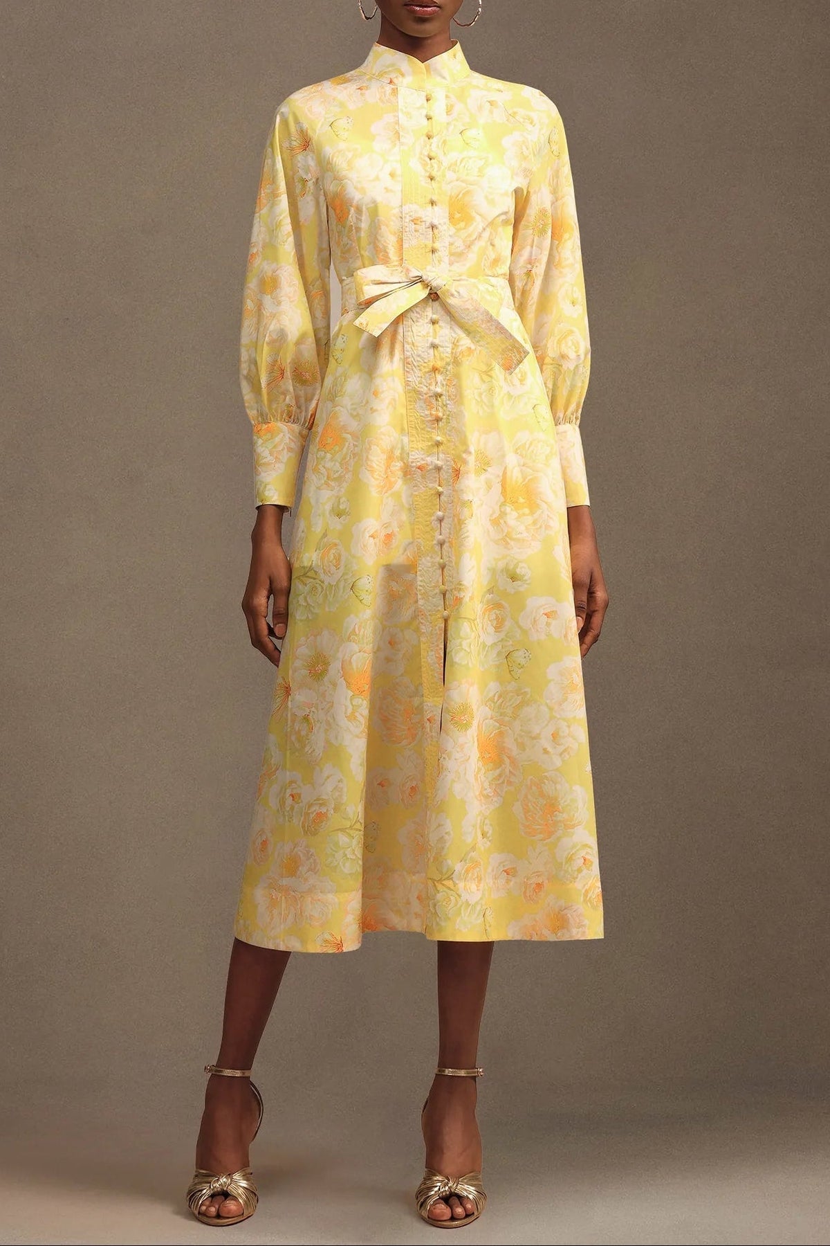 Long Sleeve Floral Printed Maxi Dress in Yellow