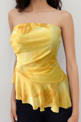 Yellow Watercolor Floral Ruched Side Ruffle Hem Top