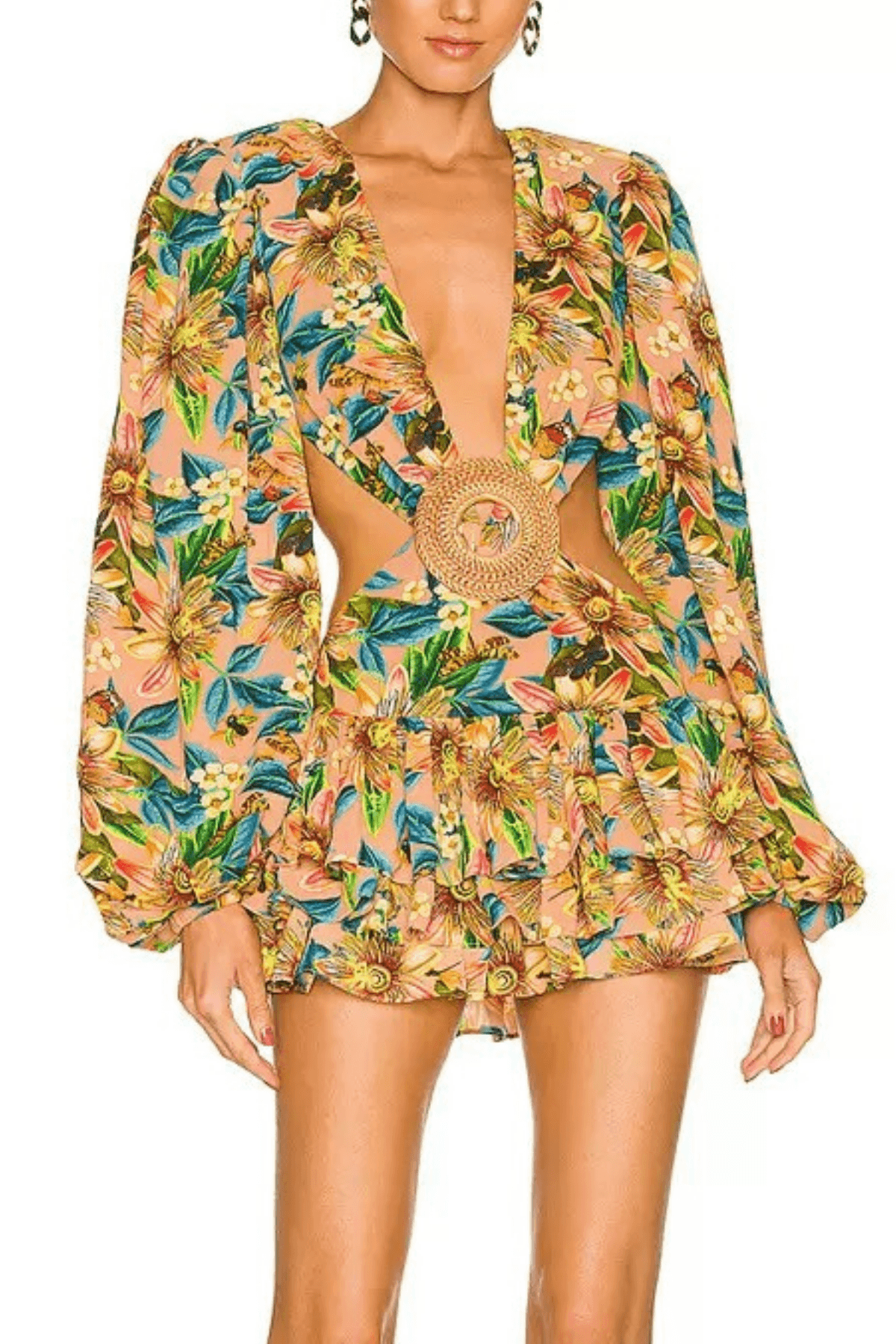 Print Cutout Waist Ruffle Mini Dress