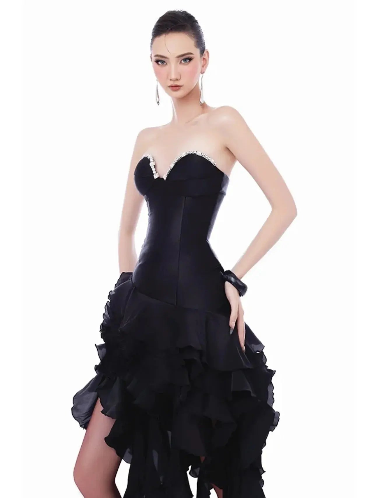 Ruffle Crystal Midi Dress in Black