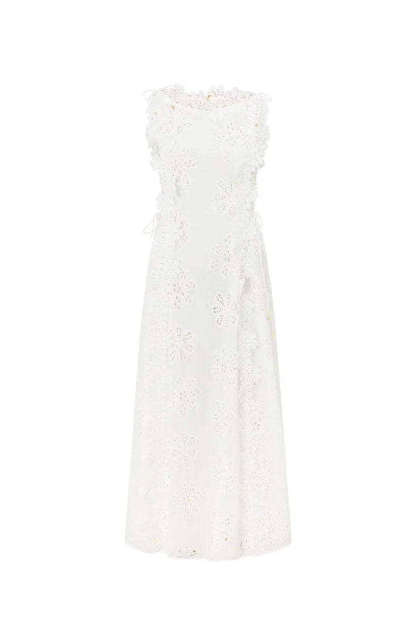 Lace Trim Embroidery Hollow Midi Dress in White