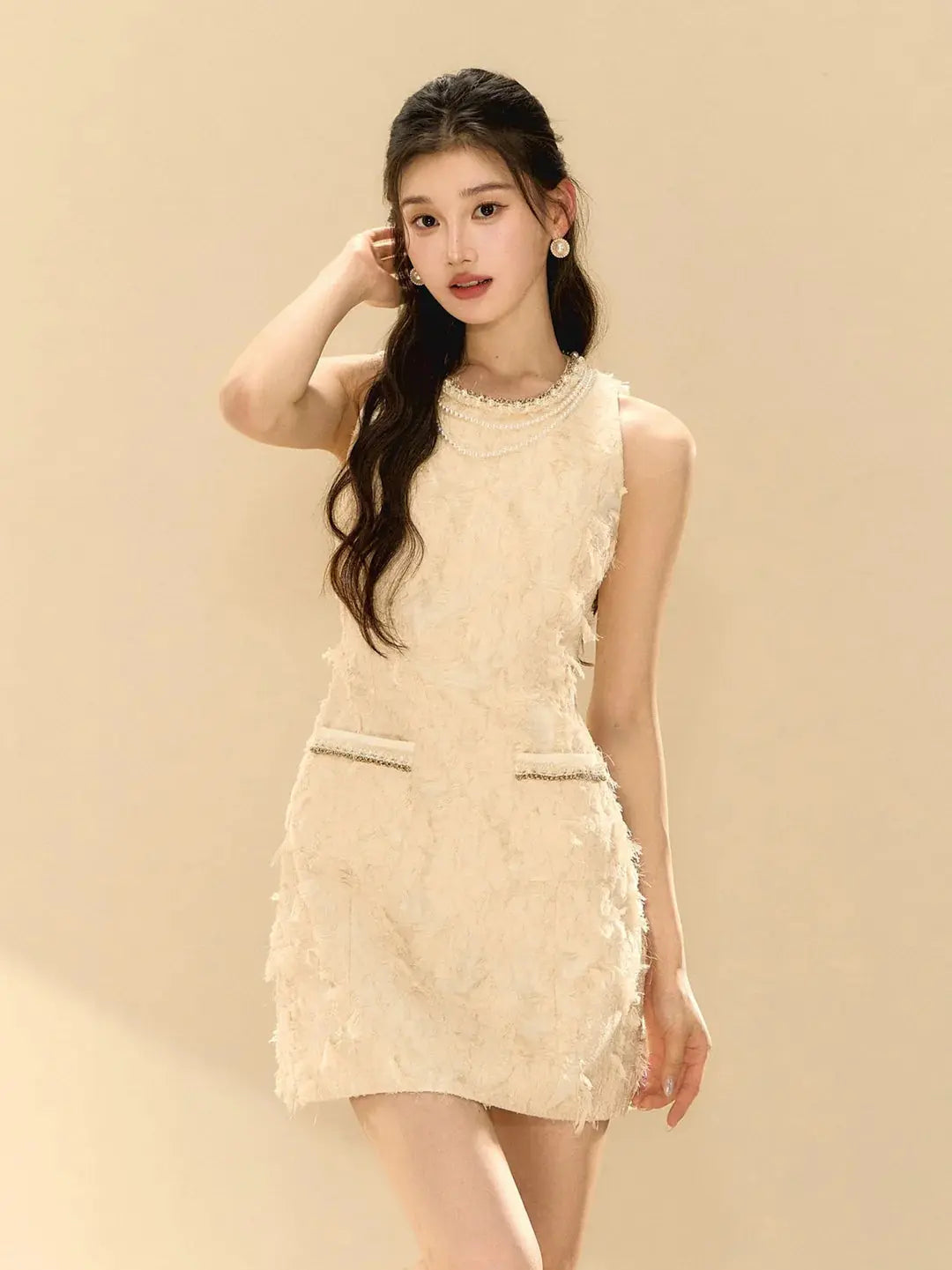 Feathery Sleeveless A-line Mini Dress in Beige