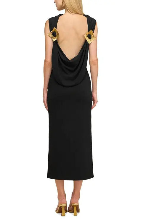 Black Sleeveless Backless Knit Midi Dress with Two Golden Embellishments