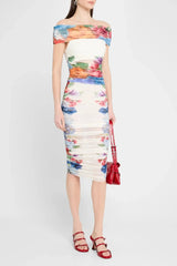 White Off-Shoulder Floral Print Ruched Top Skirt Set