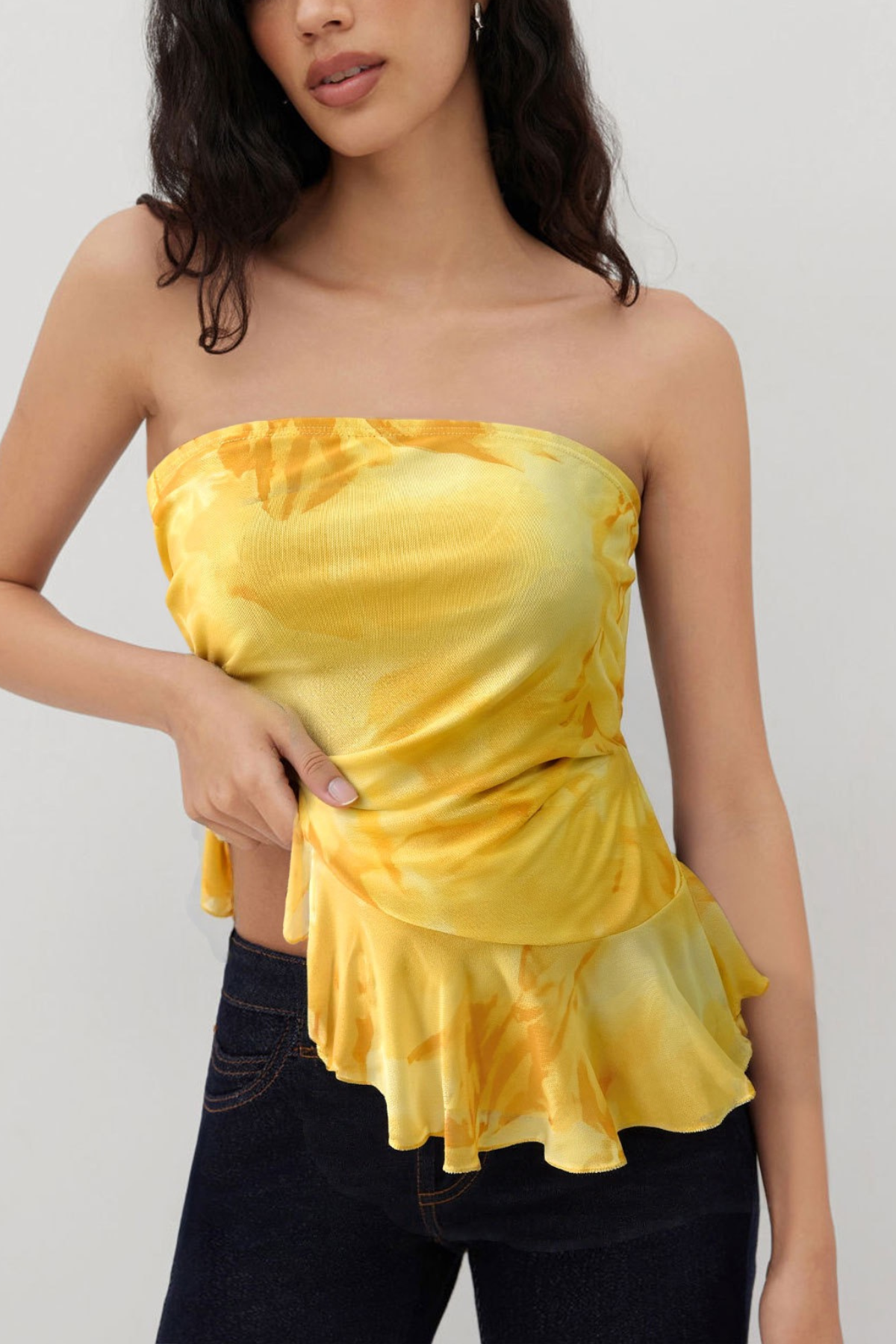 Yellow Watercolor Floral Ruched Side Ruffle Hem Top