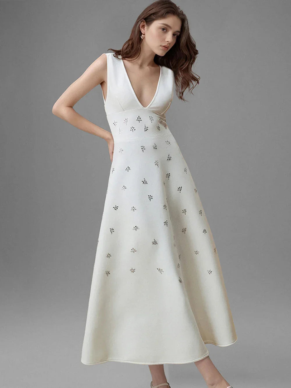 Diamond V-Neck Midi Dress in White