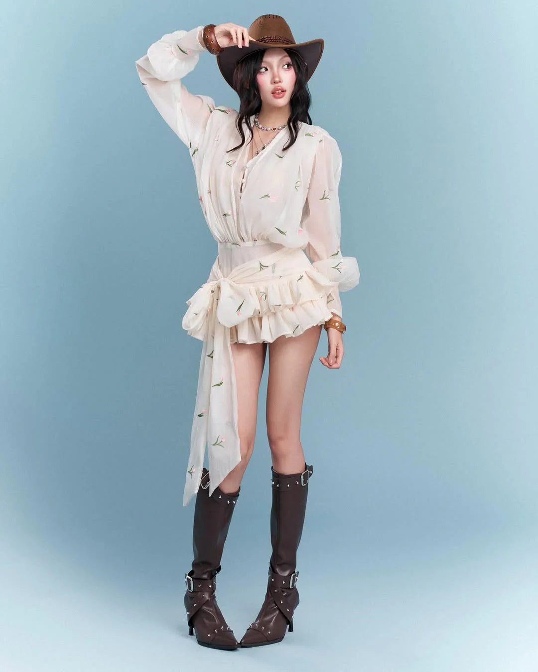 Embroidered Floral V-neck Ruffle Mini Dress in Apricot