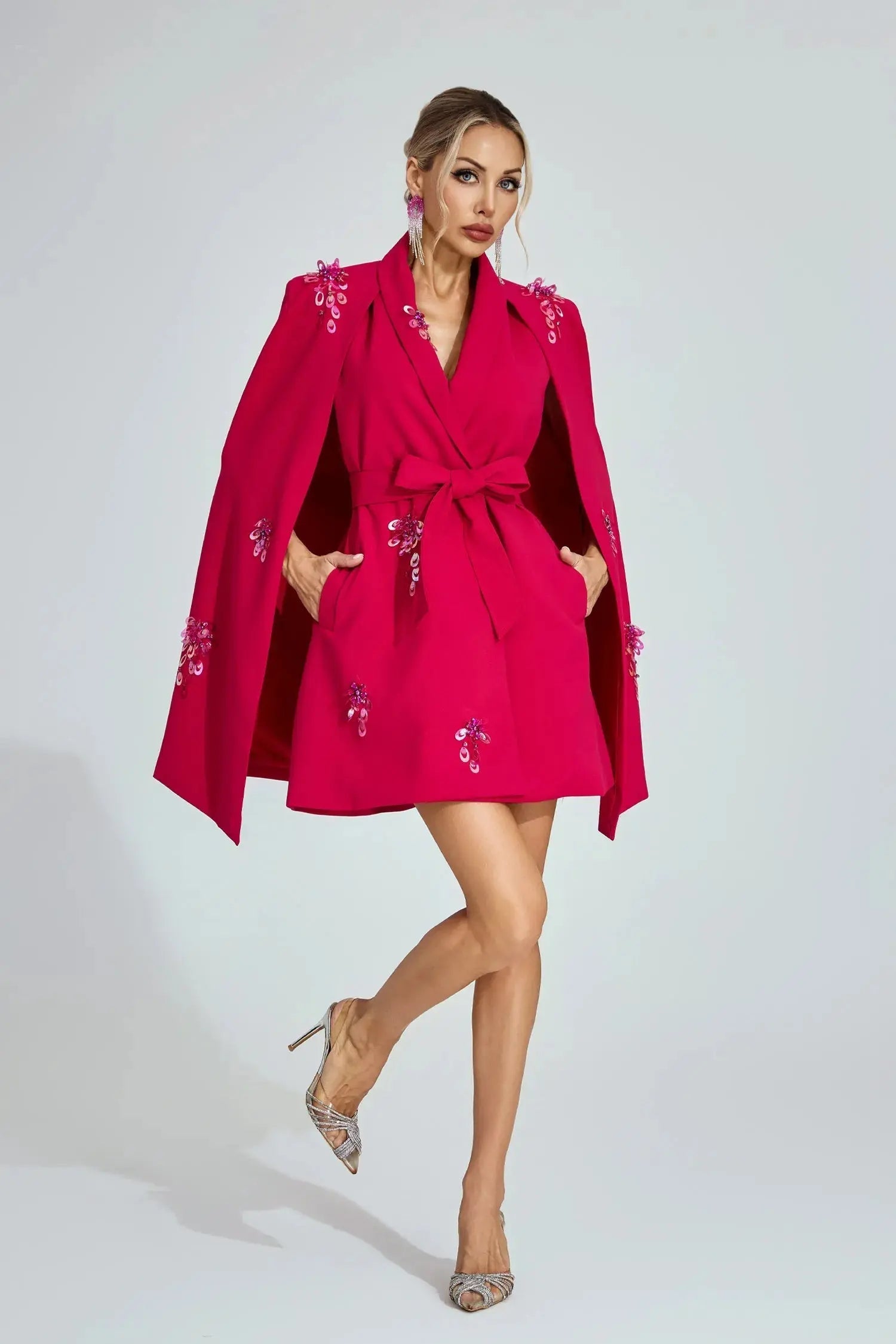 Rose Red Cape-Sleeve Blazer Mini Dress