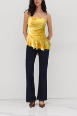 Yellow Watercolor Floral Ruched Side Ruffle Hem Top