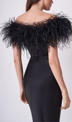 Feather Off  Shoulder Maxi Dress In Black