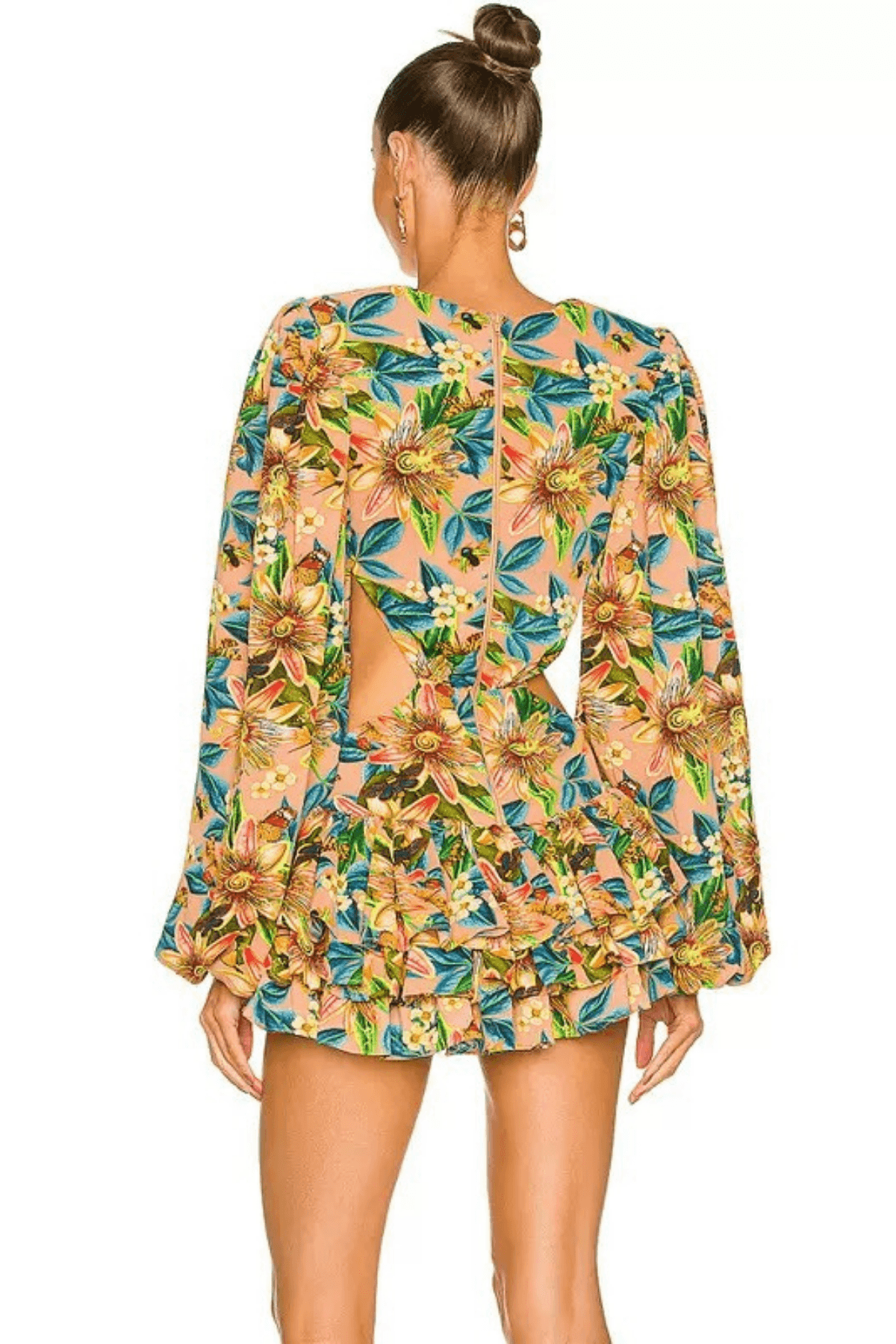 Print Cutout Waist Ruffle Mini Dress