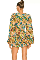 Print Cutout Waist Ruffle Mini Dress