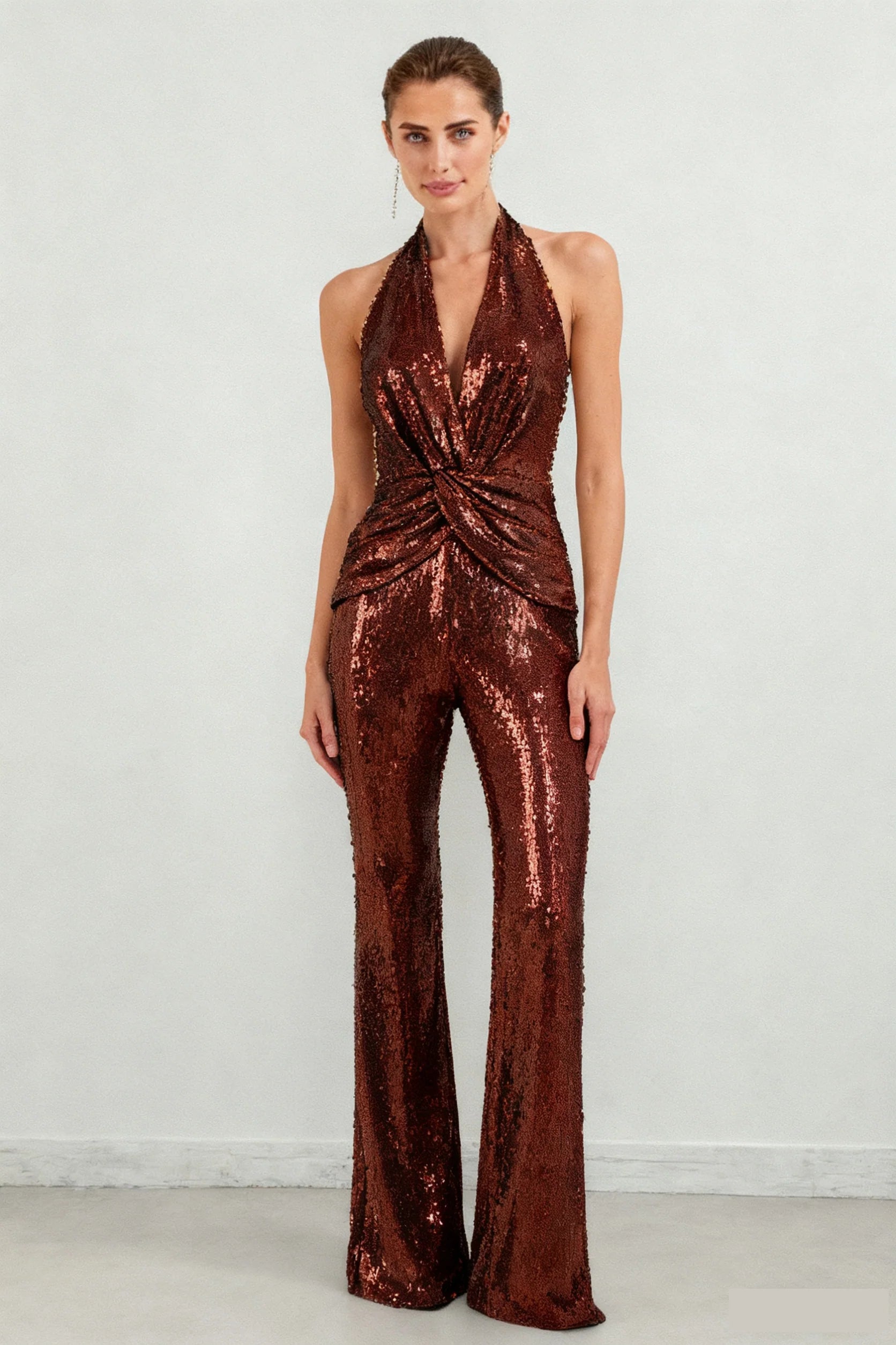 Brown Sequin Deep V High Waist Jumpsuit