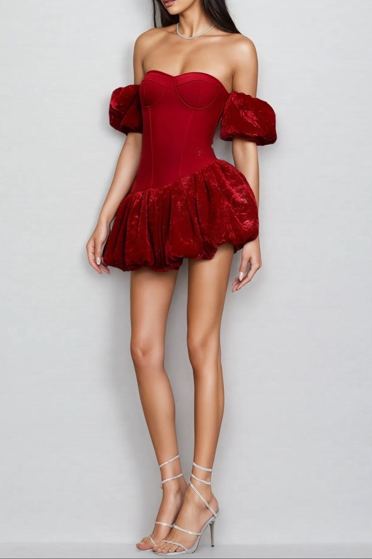 Red Sheath Bubble Sleeve Mini Dress