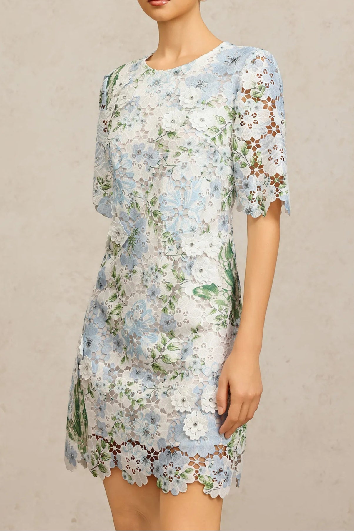 Floral Printed Lace Mini Dress in Sky Blue