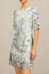 Floral Printed Lace Mini Dress in Sky Blue