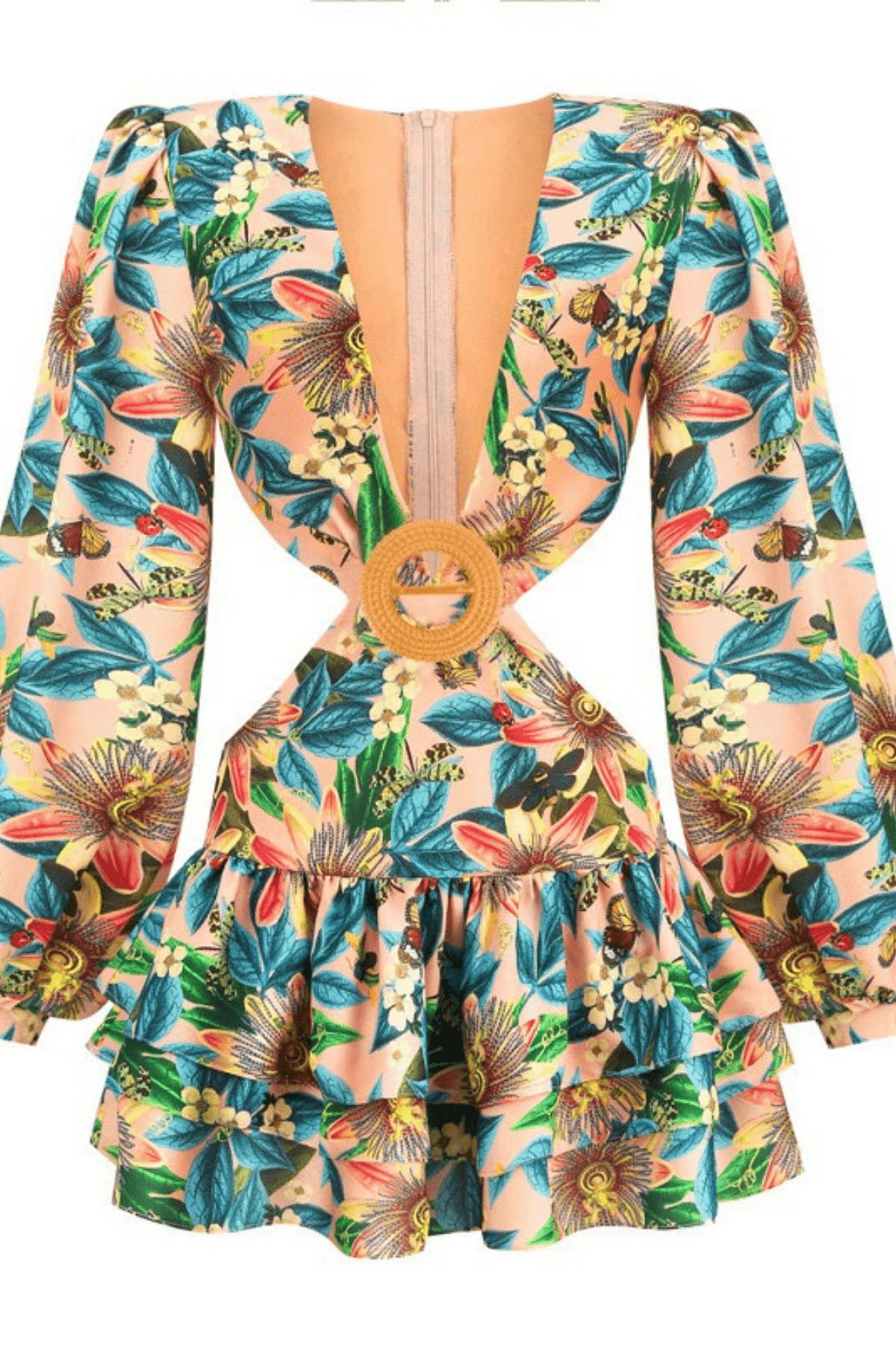 Print Cutout Waist Ruffle Mini Dress